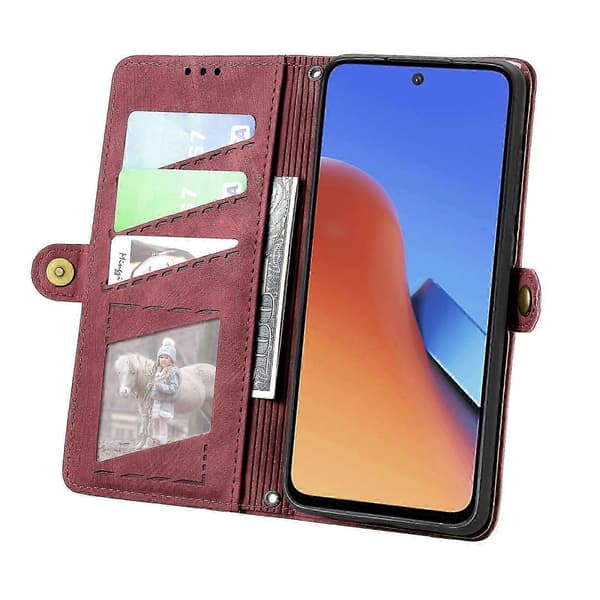 Læderetui med geometrisk lynlåspung og sidespænde (rød, til Xiaomi Redmi Note 12 5G)