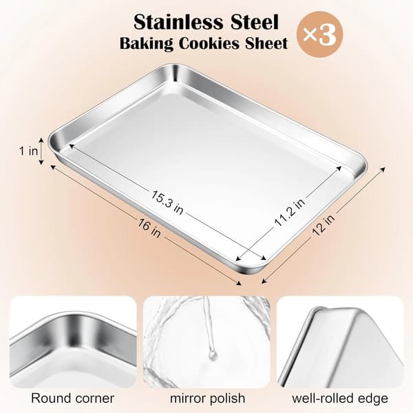 Stainless Steel Toaster Oven Pans, 2-Pack Small Non-Toxic Baking Sheets for Cookie Baking, Dishwasher Safe 16\"x 12\" 16"x 12"