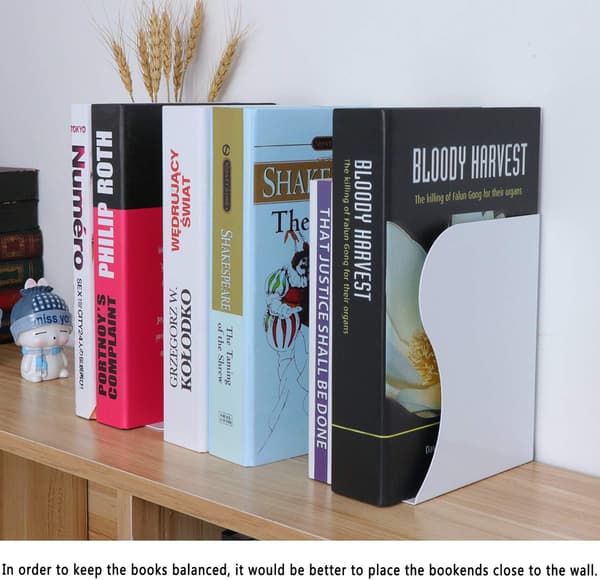 Adjustable Iron Metal Bookends for Home, Office, (White, Medium)