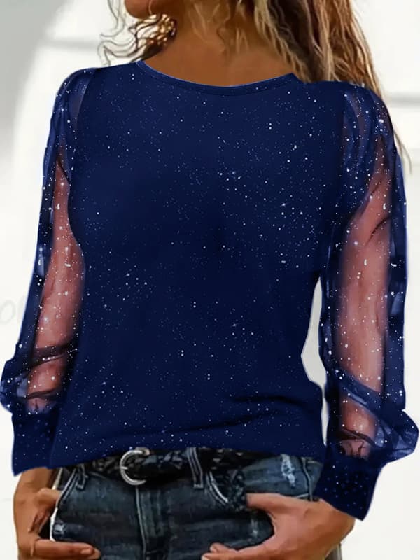 Paljett Mesh Patchwork Topp for Dame | Langermet Partybluse *blå*4XL blue 4XL blue 4XL