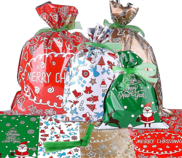 Julklappspåsar, presentförpackning, olika presentstilar, julförpackning, presentpåsar med band