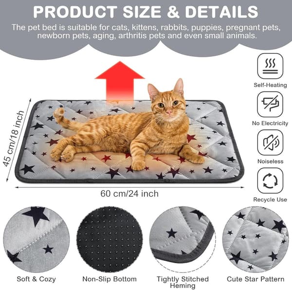 Self-warming Pet Mat with Insulated Microfleece and Non-Slip Base for Cats, Small Dogs, Rabbits, Grey 60 x 45 cm