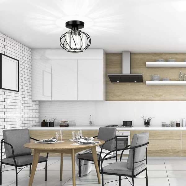 Moderne Kristalloftlampe - Mini Semi-Flush Mount Belysning LED Krystallkroner Egnet til Køkken Spisestue Stue - Sort