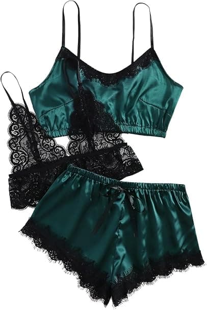 Pyjamasett for kvinner, sexy kort sateng, 3 deler, blondekamisol, shorts