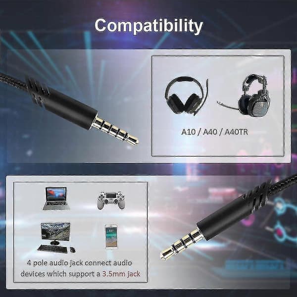 Erstatnings A10-kabel kompatibel med Astro A10-headset, Qjyth A10 Inline volum lydkabel for Astro A10/a40/a40tr Gaming Headset, Passer for Ps5, Ps4