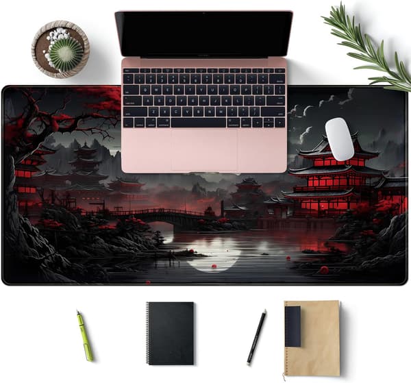 Japansk Skrivebordsmåtte Fuldmåne Skriveunderlag Sort Rød 80 x 40 cm Musemåtte Gaming Musemåtte Forlænget Tastaturmåtte Laptop Com