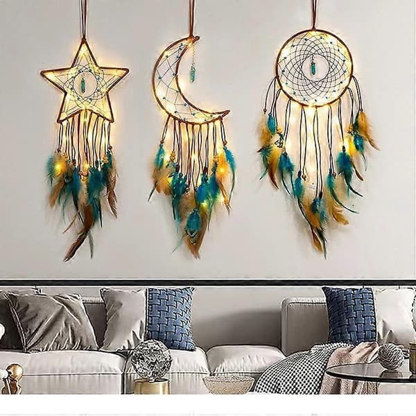Energy Stone Pendant Feather Dream Catcher Hanging Decor Home Wall Ornament with LED String Light