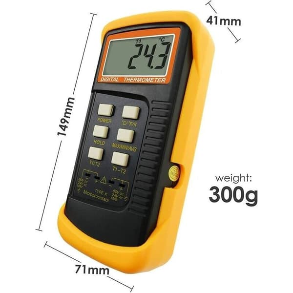 Type K digitalt termometer, 1300°C – 4 termoelement i rustfrit stål – Område -50 til 1300°C – 5-cifret LCD-display