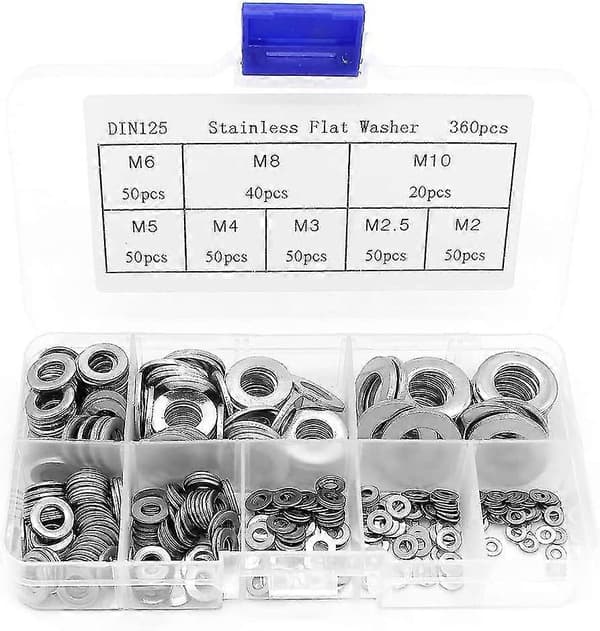 360 stk. flate skiver i rustfritt stål, sortimentsboks M2 M2.5 M3 M4 M5 M6 M8 M10
