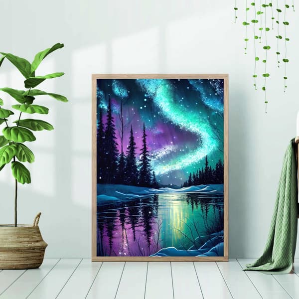 2 stk Aurora Landskab Diamantkunst Sæt til Voksne, DIY 5D Diamantmaleri Sæt til Begyndere, Runde Fuld Bore Diamant D