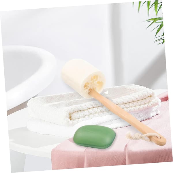 Natural Loofah on a Stick Bath Brush for Home Use, Long-Handled Exfoliating Skin Scrubber