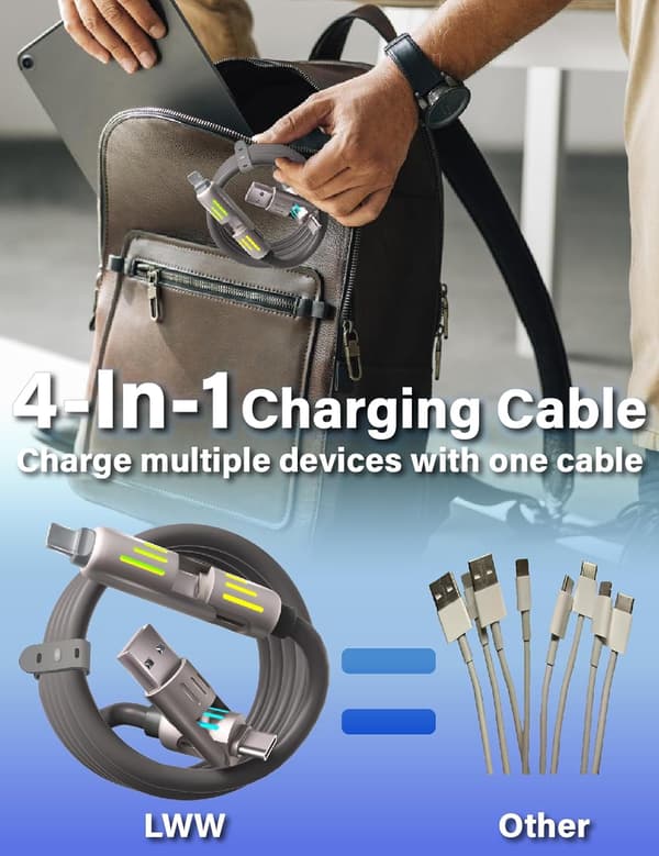240W 4-in-1 USB-C Cable, Multi-Charger with Breathing Light, PD 5A Fast Charging & Data Sync Silicone Compatible with iPhone Samsung Laptop Grey Grey 2m