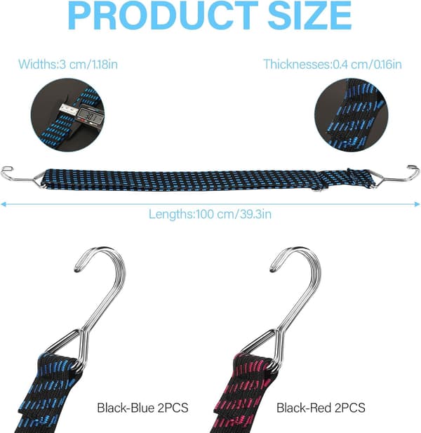 This set of 4 adjustable elastic cords with hooks is ideal for transporting goods, bicycles, etc.