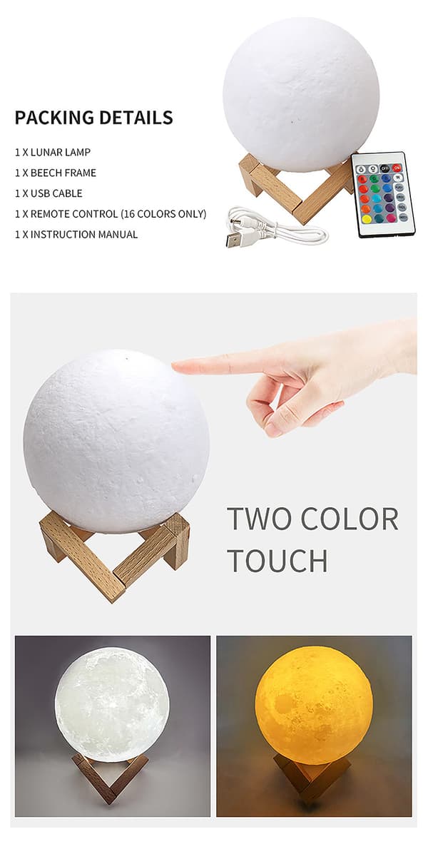 3D Månelampe, LED Natlampe 7 Farver Touch Lampe, 15cm Di