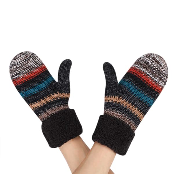 Dame vinter strikkede fleeceforede strikkede damer fuldfinger fortykkede vintervarme handsker stribet design strikhandsker (sort)