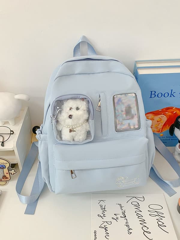 Children's School Backpack, Large Capacity, Breathable Nylon, Polyester and PVC, Bear Pendant, for School, Blue, 26 x 32 x 12 cm