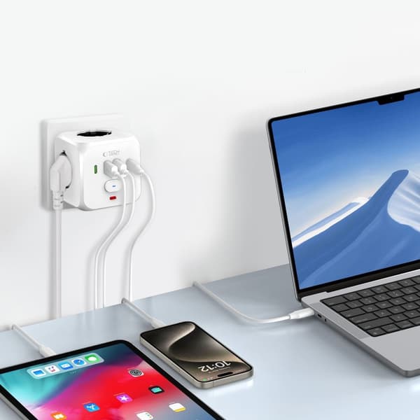 Tech-Protect Grendosa Med 3x Stikkontakt 2x USB-C + 2x USB-A Hvit