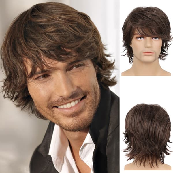 Synthetic Straight Wig for Men, Long Bangs, Adjustable, Brown, Soft Cosplay Wig