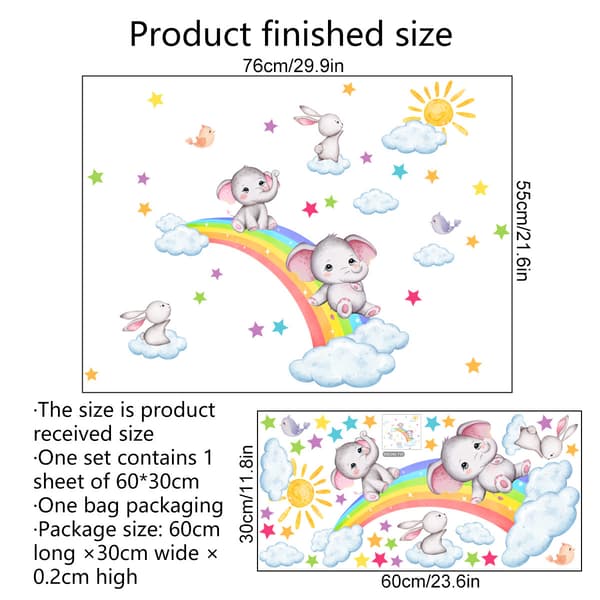 Rainbow Animal Wall Decals Elephant Rabbit Cloud Wall Stickers