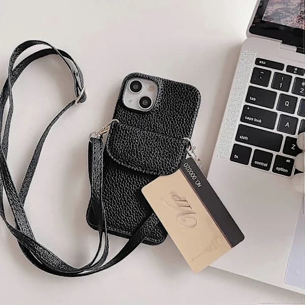 (Pow Yeah!) Crossbody Phone Case for iPhone 15, Card Holder PU Leather Coated PC Shell with Shoulder Strap