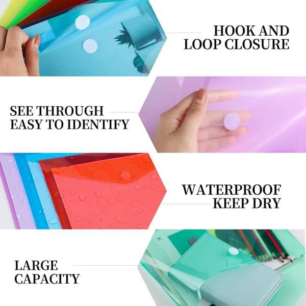 A4 Plastic Document Folders 8-pack, Waterproof Transparent Envelopes with Self-Adhesive Closure for School Office Home Travel, Multicolor