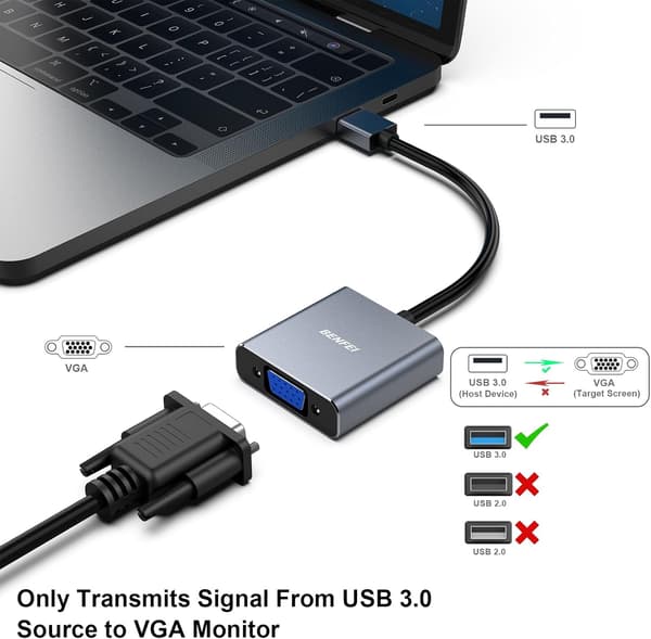 USB 3.0 til VGA-adapter, USB 3.0 til VGA hann til hunn-adapter for Windows 11, Windows 10, Windows 8.1, Windows 8, Windows 7