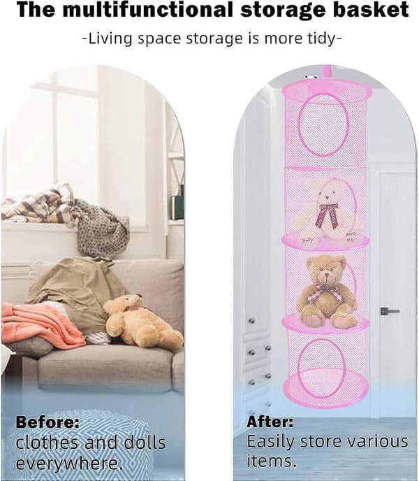 Hanging Net Storage, 2-pack Foldable Hanging Toy Storage, 4 Compartments Foldable Hanging Storage Basket Teddy Storage Net pink pink