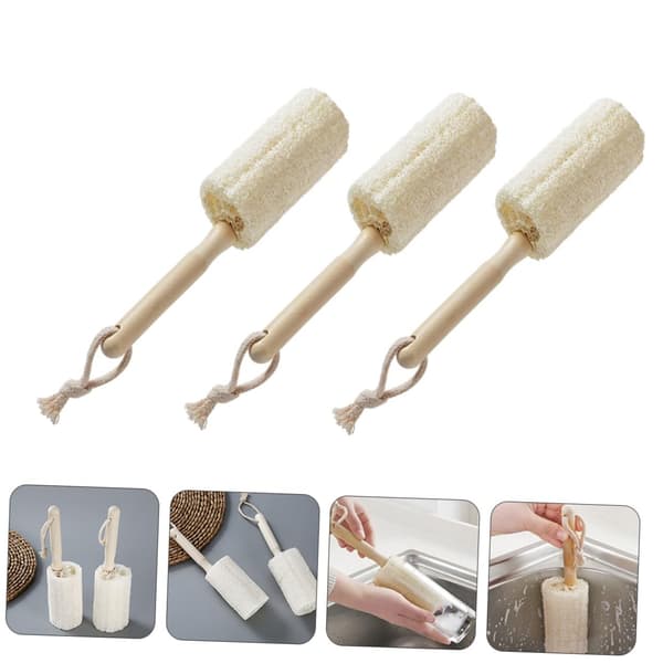 3 Pieces Loofah Cup Brush for Dish Bottle Brush with Long Handle Scratch-Proof Wooden Handle Cup Brushes for Cleaning 18cm