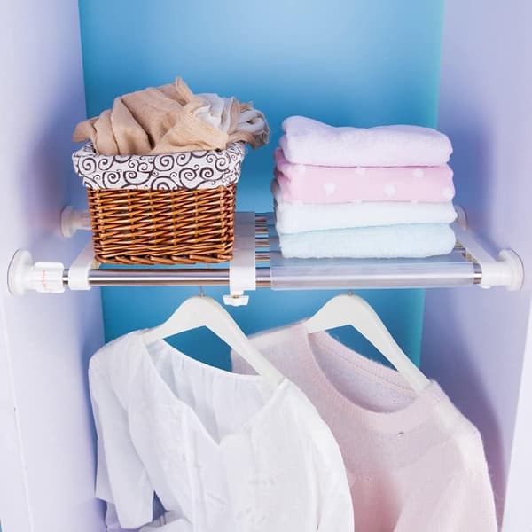 Wardrobe Tension Shelf, Expandable Metal Storage Rack Adjustable Organizer, Divider Separator for Closet Wardrobe Cabinet Bathroom (Ivory) Ivory