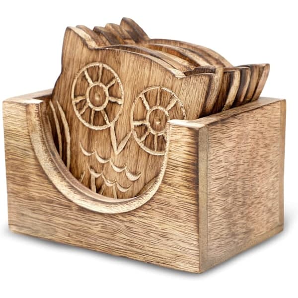 Sett med 6 brikker med holder - Håndlagde trebrikker for kaffe, te, krus, kopp, vinglass (ugledesign)