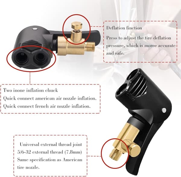 Stykke Bildækventil Adapter Inflator Ventilforbindelse, Messing Inflator Dyse til Bil eller Lastbildæk, Cykel, Motorcykel, Tømte