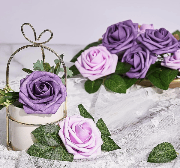 Light Purple Artificial Roses, 25-pack 8CM Artificial Roses with Le