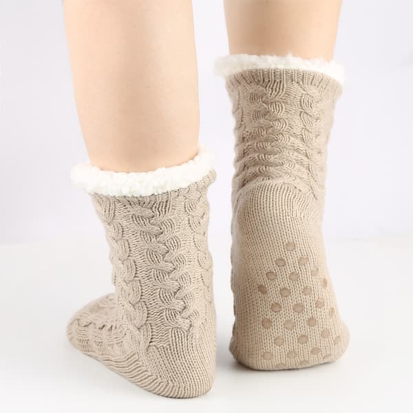 1 Pair (Light Brown) Women's Knitted Wool Socks, Soft Wool-Lined Plush Warm Socks with Grips, Comfortable Non-Slip Socks for Indoor Sleeping