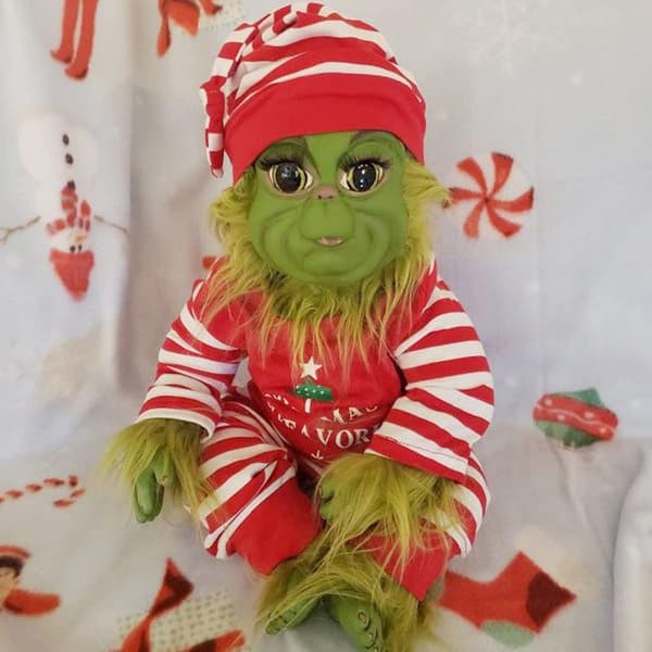 Børns julegrønne, lodne Grinch dukkelegetøj, sød julemandskostume, juleudstoppet