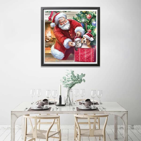 Julenissen presenterer hund og katt 30 * 40 cm, brodert diamantmaling