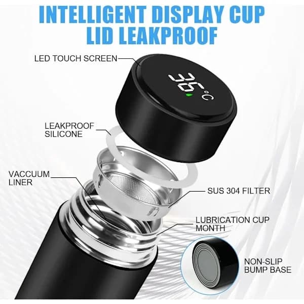(pow yeah!) Mini Stainless Steel Insulated Water Bottle, 300ml Smart LED Temperature Display, Leak-Proof, for Running, School, Office|Black