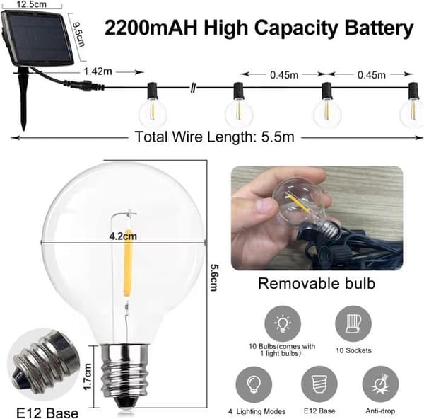 Solarslynge for utendørs bruk, 10+1 G40 LED solcellelamper Vanntett IP44 med 4 moduser