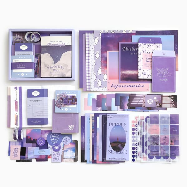 351-delt Scrapbooking-tilbehørssæt, lilla æstetisk Bullet Journal Scrapbook-sæt med A6-gitter N