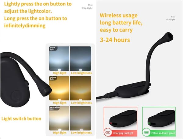 Book Light, Rechargeable Clip-on Reading Light, Adjustable Brightness