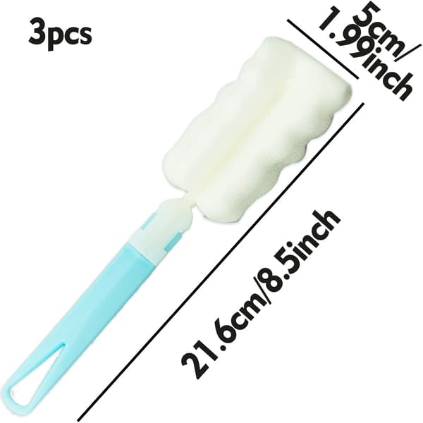 Sponge Bottle Brushes, with Adjustable Long Handle, Soft Foam Dish Brushes for Cups Mugs Kettles Wine Glasses (3 Pcs)