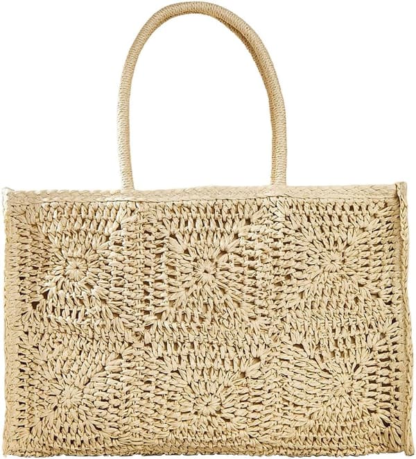 Dame stråveske, vevd etnisk rektangulær skulderveske sommerhåndveske beige Beige