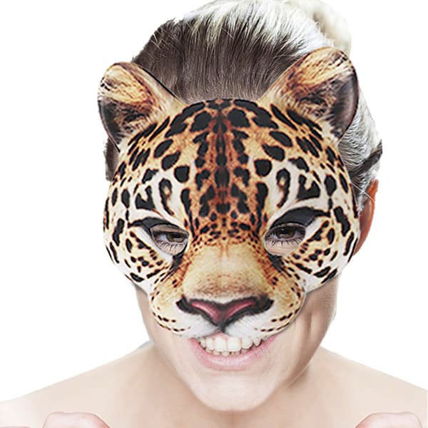 Leopard halvmaske, ca. 17 x 19 cm, realistisk print, elastikbånd