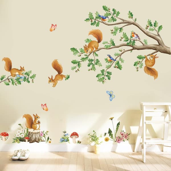 Forest Animal Wall Decals - Squirrel & Branch Decor for Kids' Room [JUN]