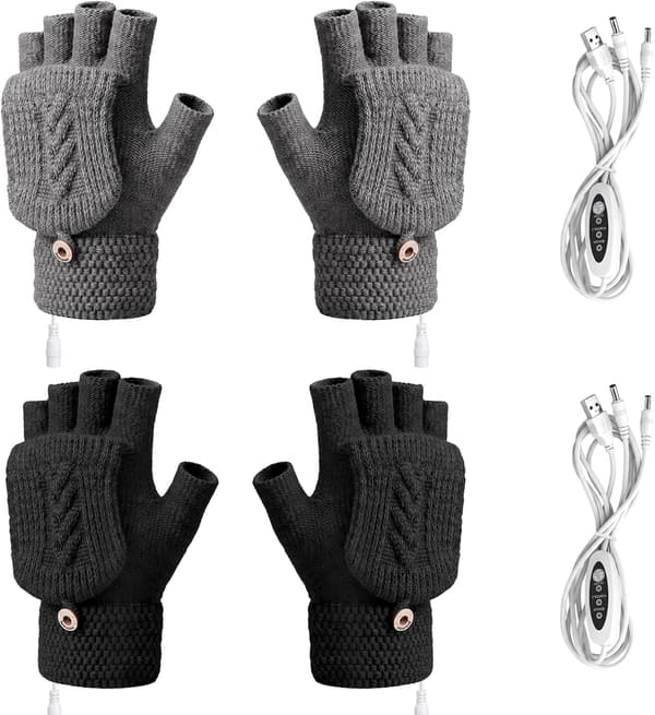 2 par vinter USB-opvarmede handsker, fingerløse håndvarmere, elektrisk opvarmning med knapvanter, sort, lysegrå Black,light Gray