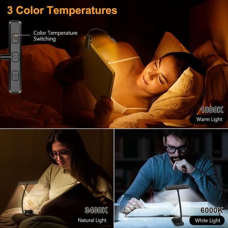 Night Reading Light — 3 Eye Protection Modes, Ultra-Long Battery Life — Black