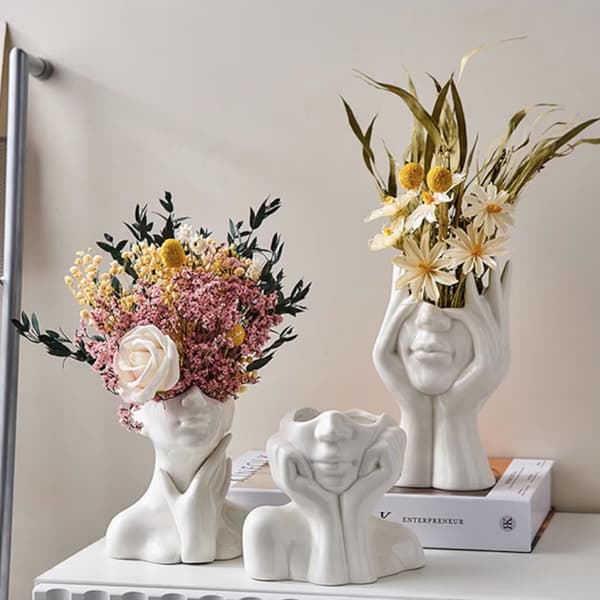 White Ceramic Face Vase - Pampa Vase, Fresh Flo