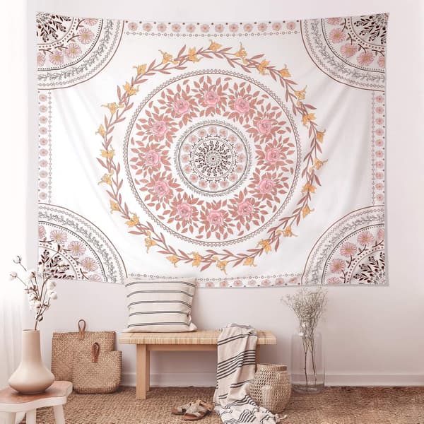 Mandala-veggteppe, estetisk, boho-veggteppe, rosa F