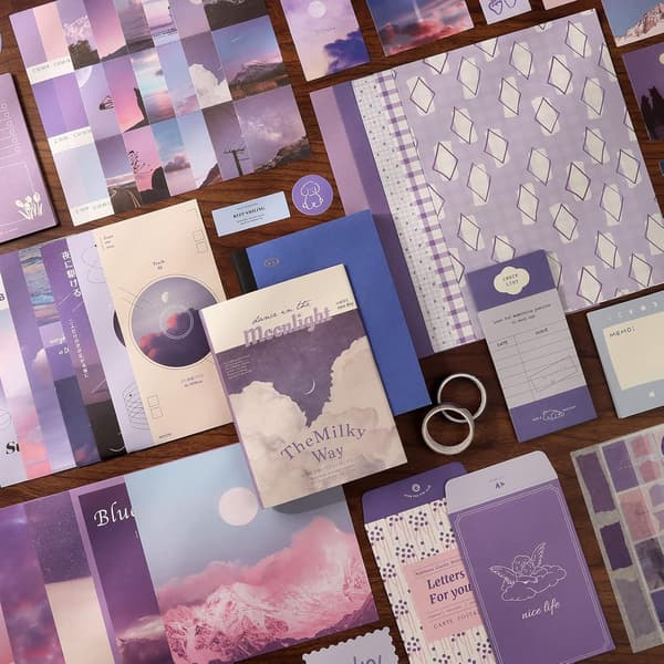 351-delt Scrapbooking-tilbehørssæt, lilla æstetisk Bullet Journal Scrapbook-sæt med A6-gitter N