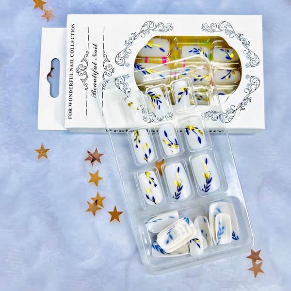 Gold Blue Leaf Press on Nails, Gold Foil Design, Acrylic Nails Glossy Artificial Fingernails Spring Stick on Nails