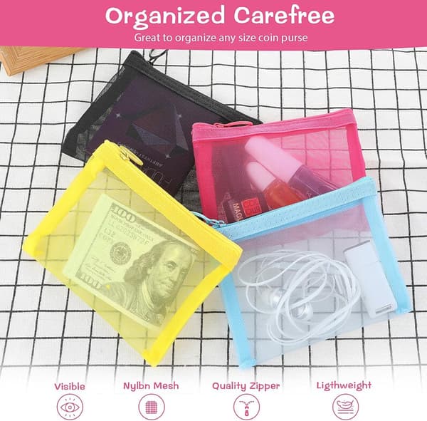 Mini Mesh Zipper Pouch, Small Bag Organizer, Makeup Bag, 14x10cm, 5-Pack